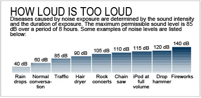 How loud is too loud? Diseases caused by noise exposure are determined by the sound intensity and the duration of exposure. The maximum permissible sound level is 85 dB over a period of 8 hours. Some examples of noise levels are listed below: