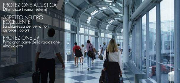 PROTEZIONE ACUSTICA Diminuisce i rumori esterni ASPETTO NEUTRO ECCELLENTE La chiarezza del vetro non distorce i colori PROTEZIONE UV Filtra gran parte della radiazione ultravioletta